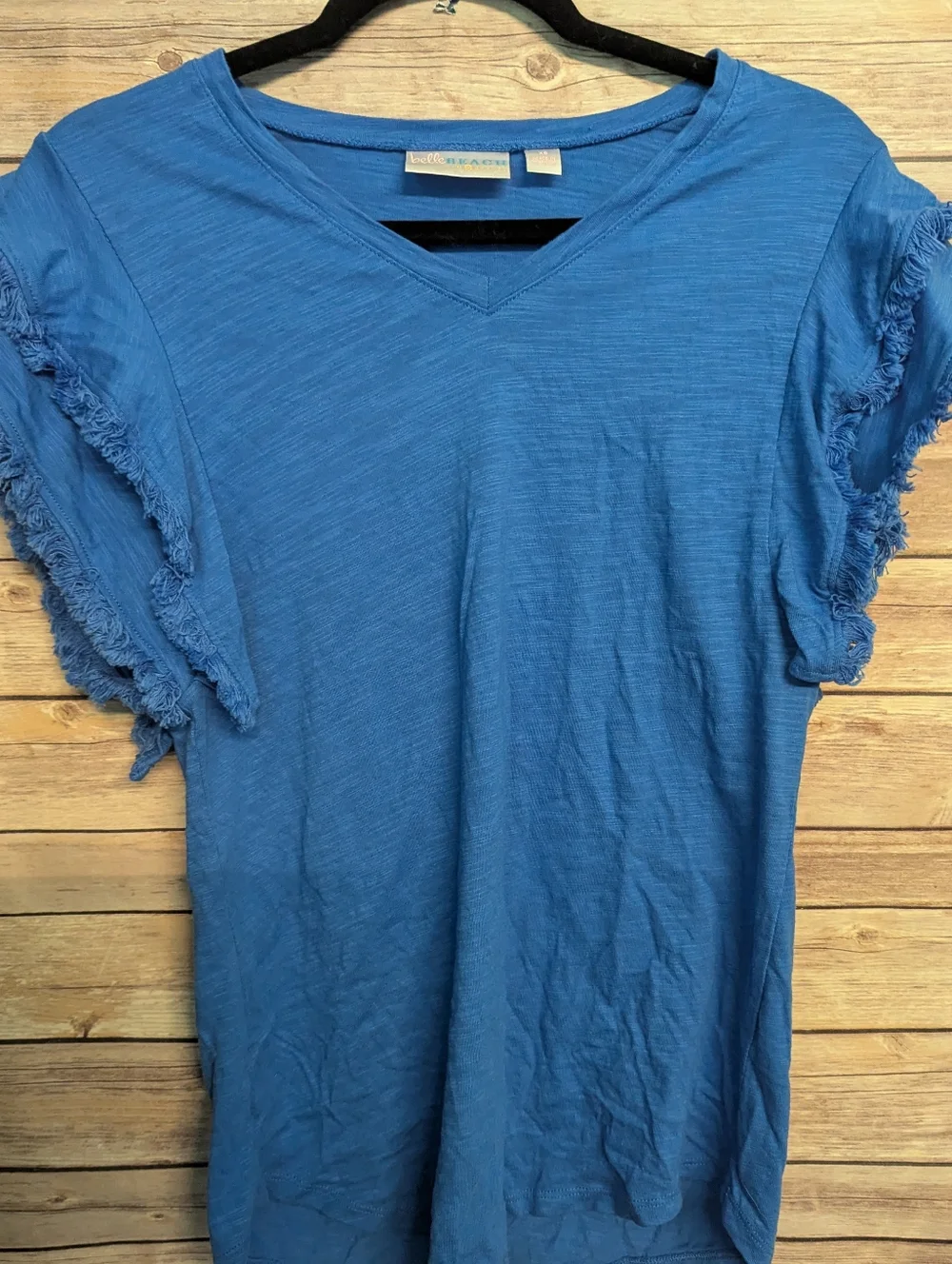 Belle Beach By Kim Gravel Blue Fringe Sleeve V-Neck Top Women’s XS Cotton Modal - Picture 1 of 4